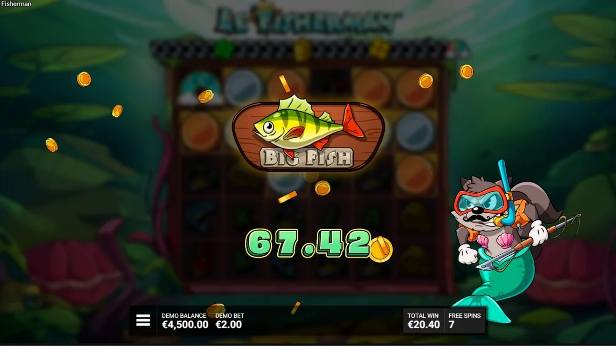 Smokey o guaxinim pescando em um barco no slot Le Fisherman