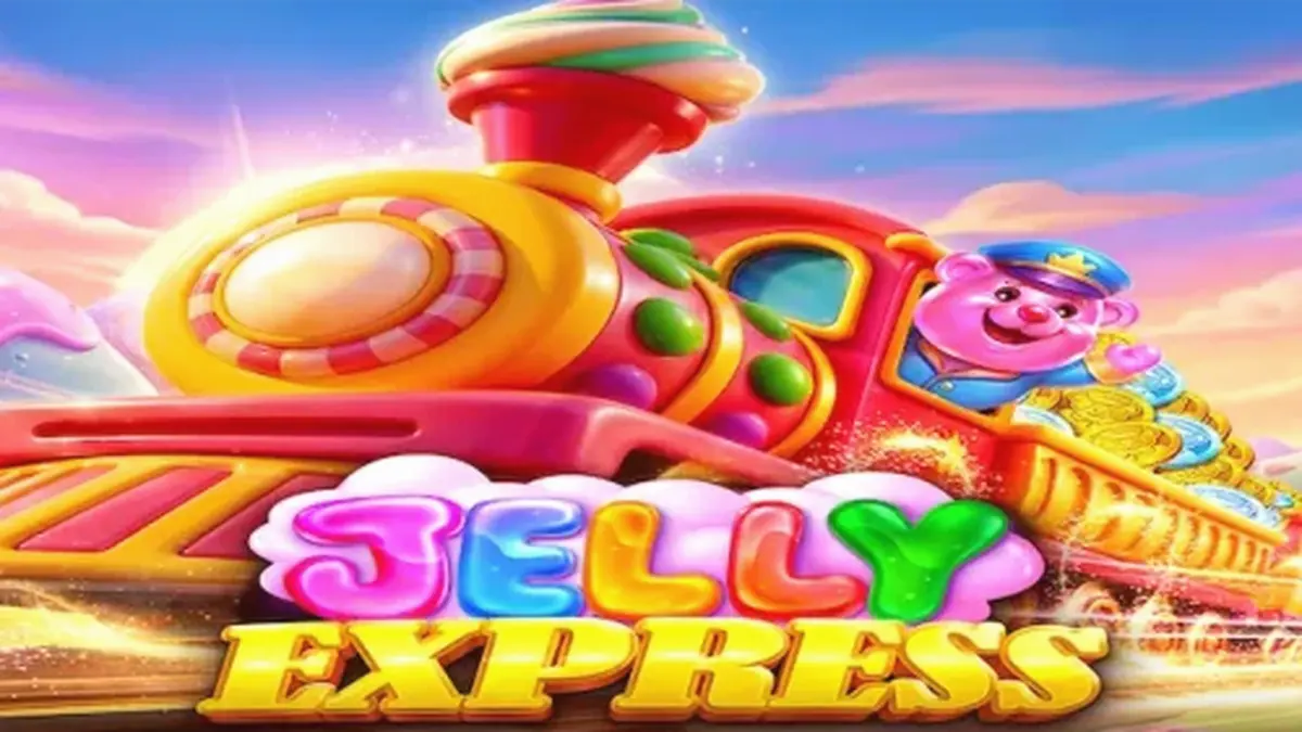 Captura de tela do slot Jelly Express, mostrando a grade de 6x5 com símbolos de doces e personagens de pão de gengibre, em um cenário de trem de doces.